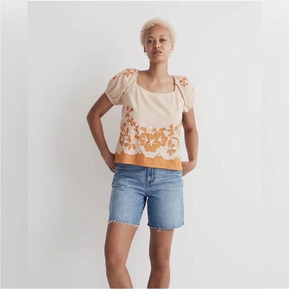 Madewell Embroidered Lace Up Back Top w/ Puff Sleeves Orange Peach Flora…